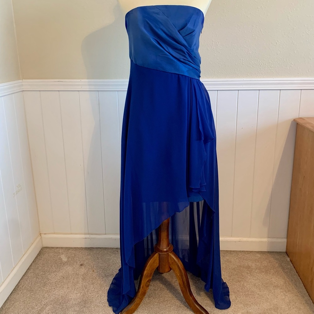 Jessica McClintock hi-low formal cocktail prom. blue, strapless, chiffon, sz 12